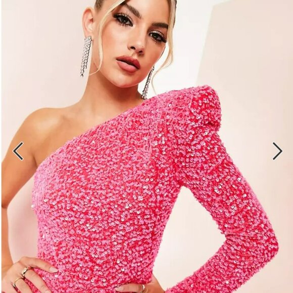 ASOS LUXE One Shoulder Asymmetric Draped Mini Dress Pink Sequin Size 10 NEW - Picture 12 of 16